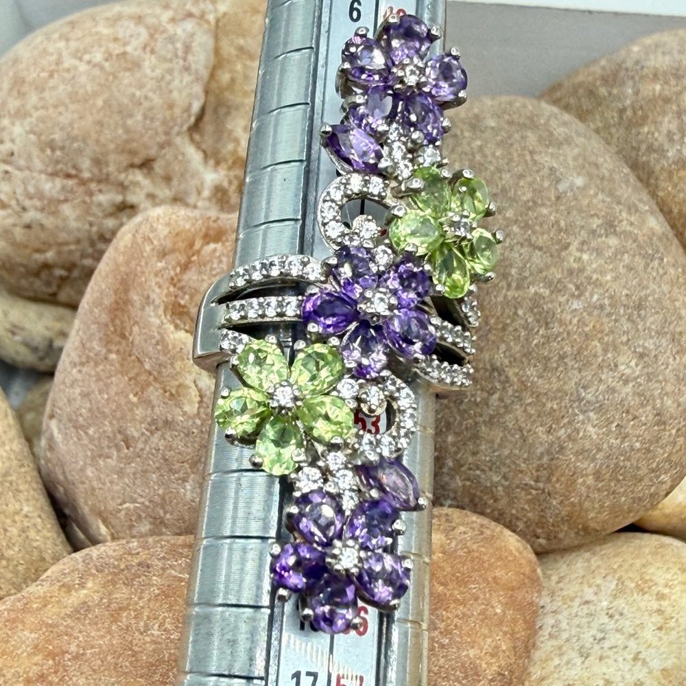 Amethyst Peridot Floral Cocktail Ring 5ctw Platinum SS Sz 6 NWT - Picture 16 of 16